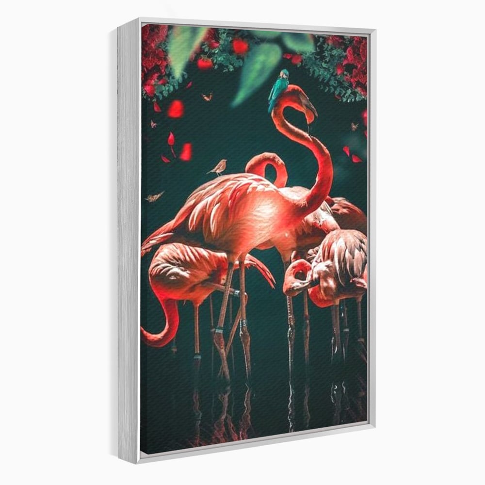Tablou canvas cu tablou canvas cu flamingo roz, in rama de aluminiu argintiu