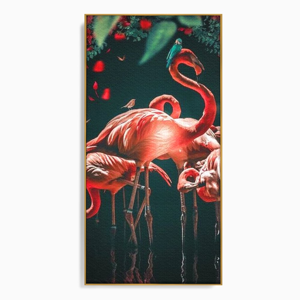 Tablou canvas cu tablou canvas cu flamingo roz, in rama de aluminiu auriu