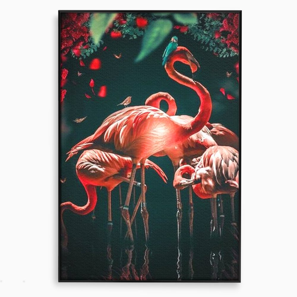 Tablou canvas cu tablou canvas cu flamingo roz, in rama de aluminiu negru