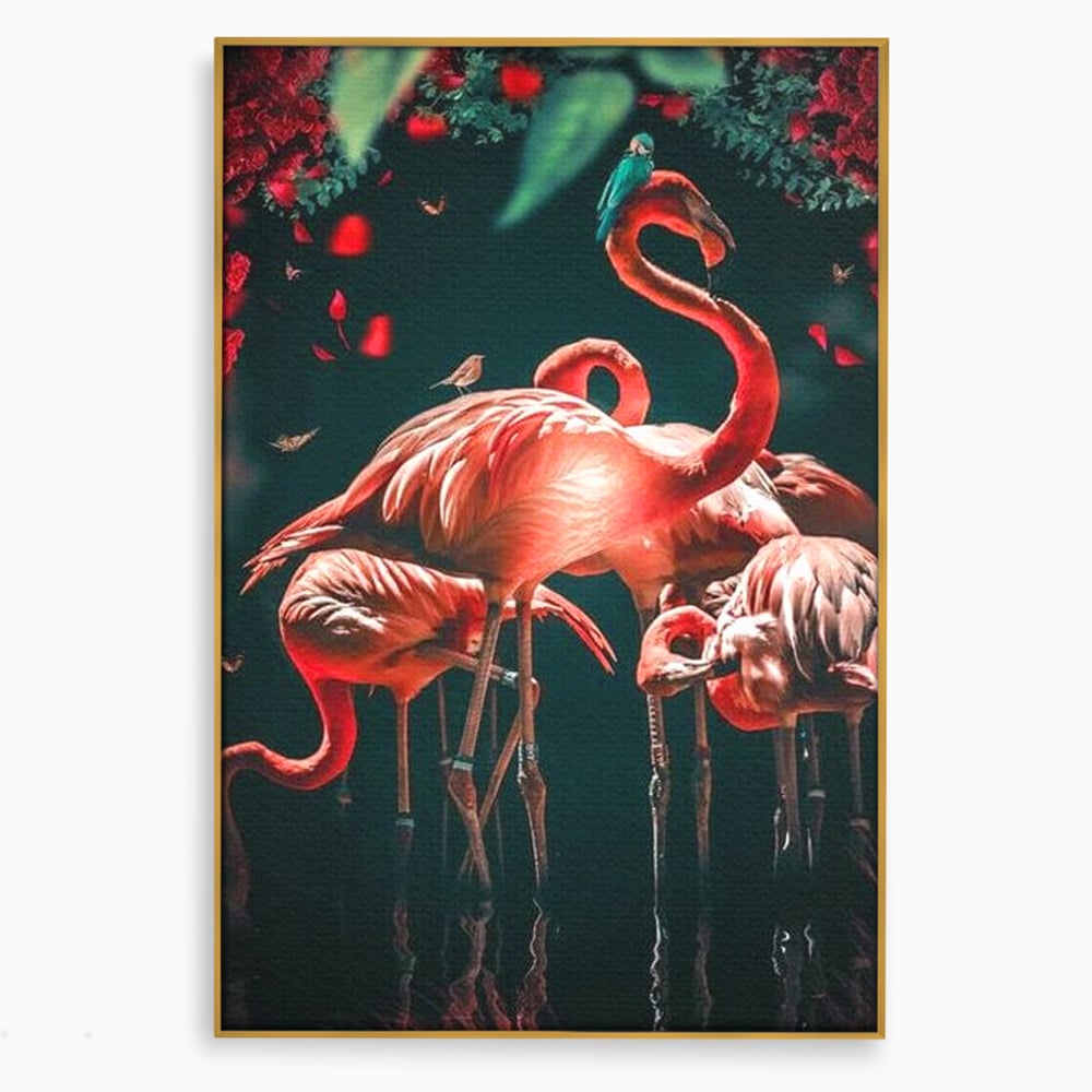 Tablou canvas cu tablou canvas cu flamingo roz, in rama de aluminiu auriu