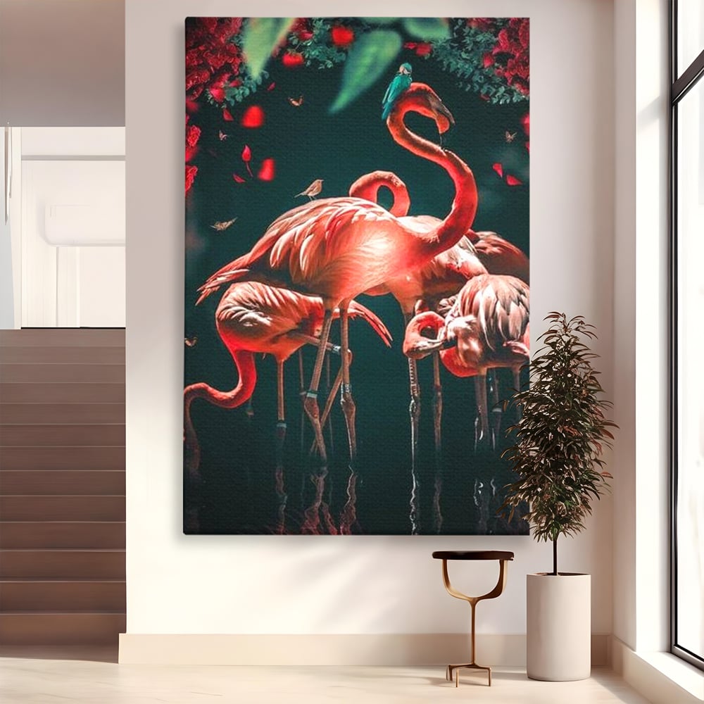 Tablou canvas cu tablou canvas cu flamingo roz, fara rama, pe sasiu de lemn