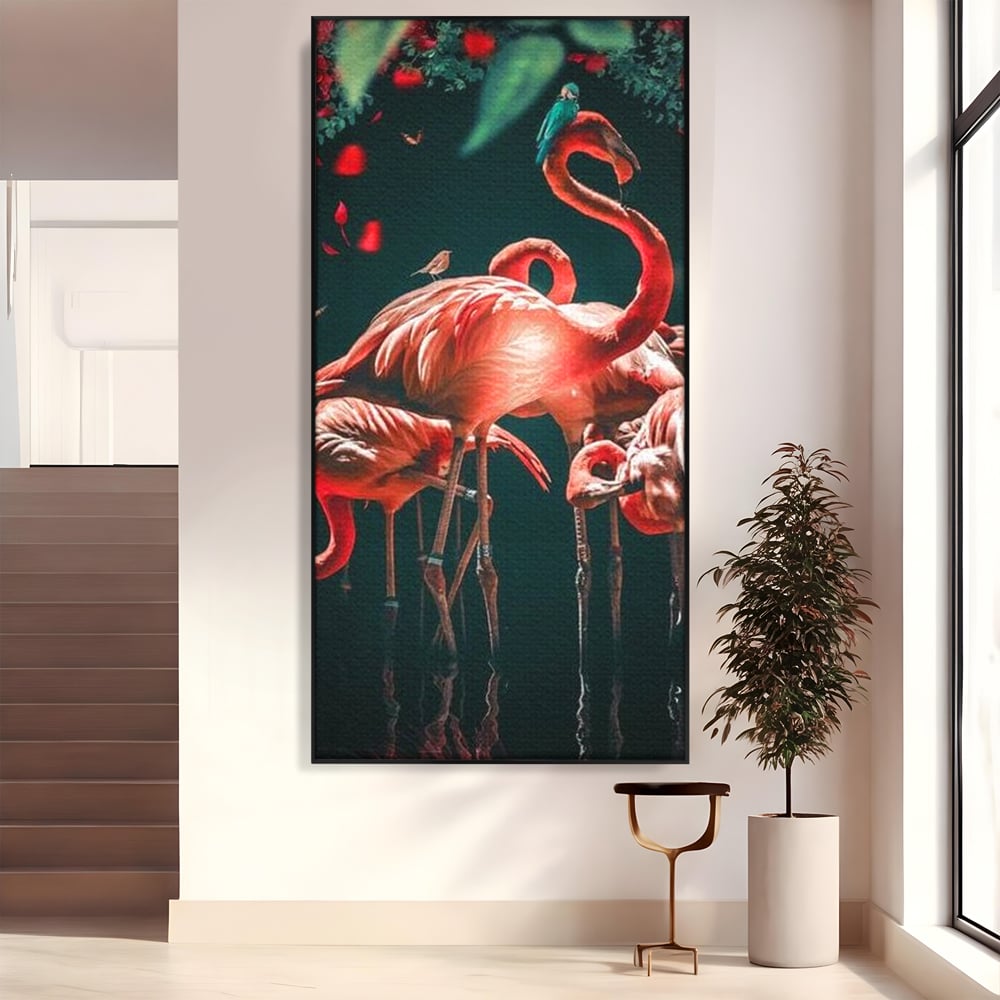 Tablou canvas cu tablou canvas cu flamingo roz, in rama de aluminiu negru