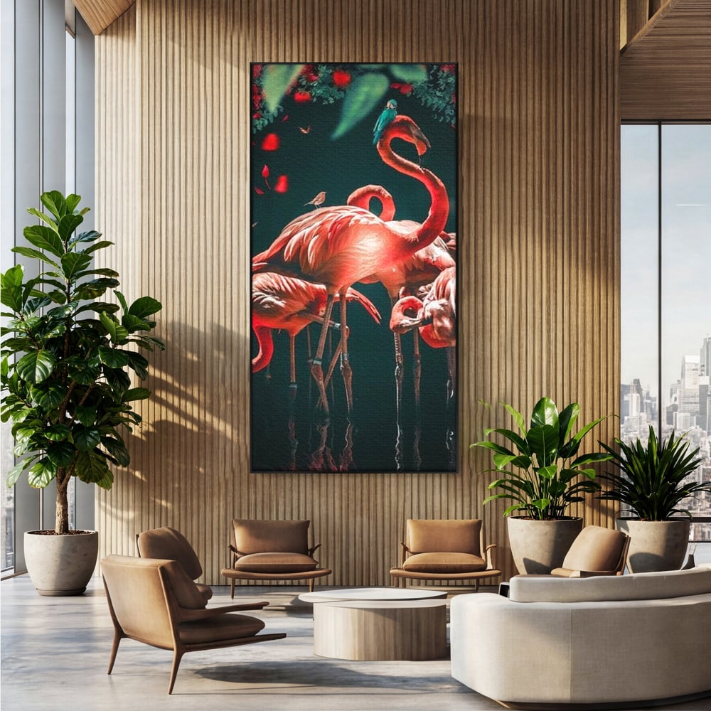 Tablou canvas cu tablou canvas cu flamingo roz, in rama de aluminiu negru, pe perete intr-un birou