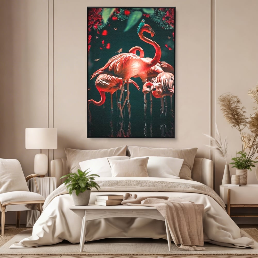 Tablou canvas cu tablou canvas cu flamingo roz, in rama de aluminiu negru, pe perete intr-un dormitor