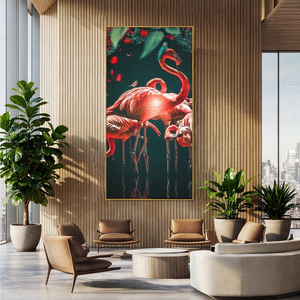 Tablou canvas cu tablou canvas cu flamingo roz, in rama de aluminiu auriu, pe perete intr-un birou