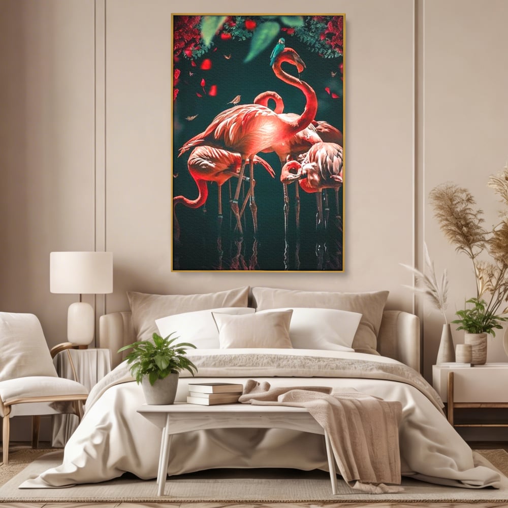Tablou canvas cu tablou canvas cu flamingo roz, in rama de aluminiu auriu, pe perete intr-un dormitor