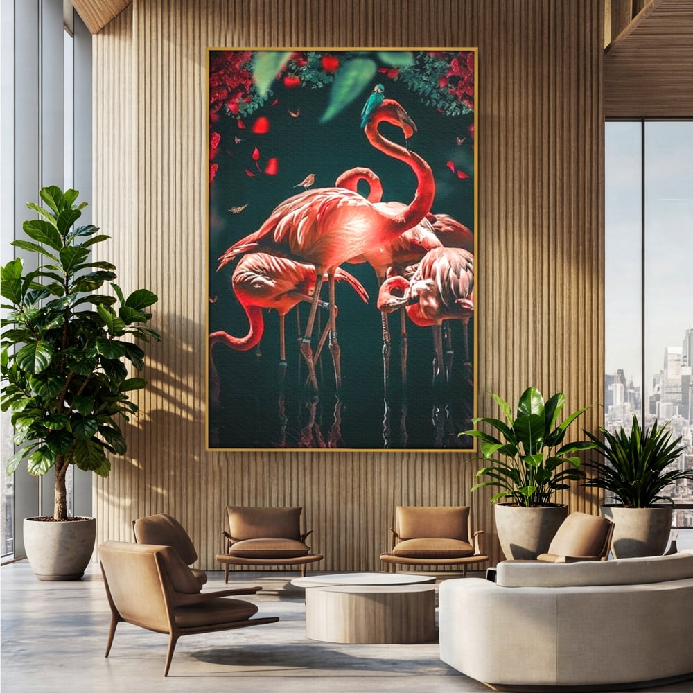 Tablou canvas cu tablou canvas cu flamingo roz, in rama de aluminiu auriu, pe perete intr-un birou