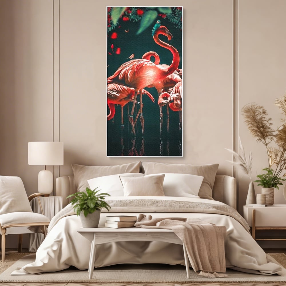 Tablou canvas cu tablou canvas cu flamingo roz, in rama de aluminiu argintiu, pe perete intr-un dormitor