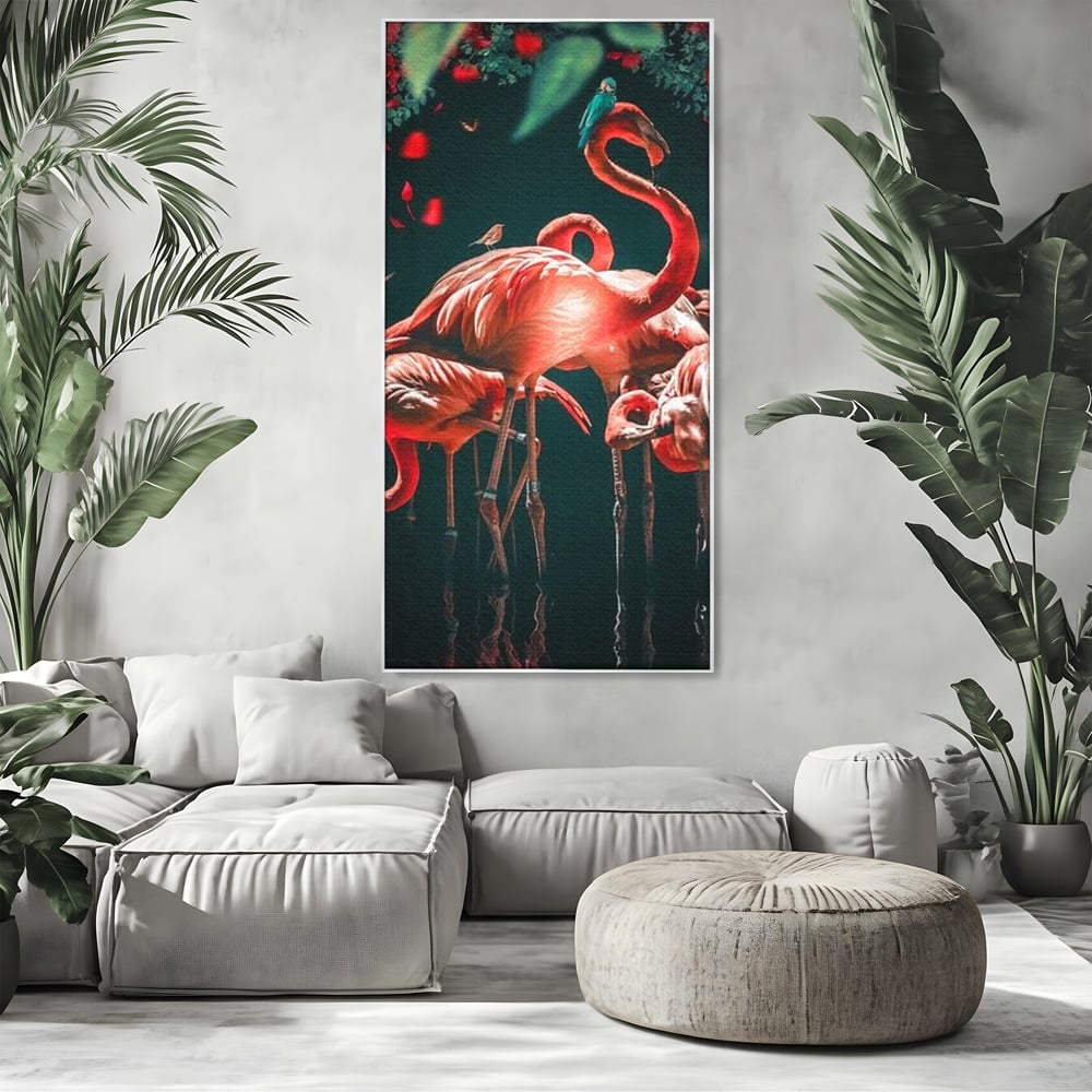 Tablou canvas cu tablou canvas cu flamingo roz, in rama de aluminiu argintiu, pe perete intr-un living