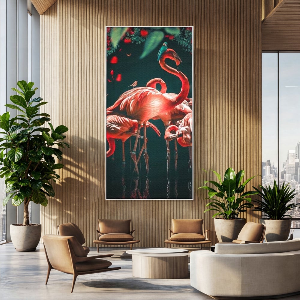 Tablou canvas cu tablou canvas cu flamingo roz, in rama de aluminiu argintiu, pe perete intr-un birou