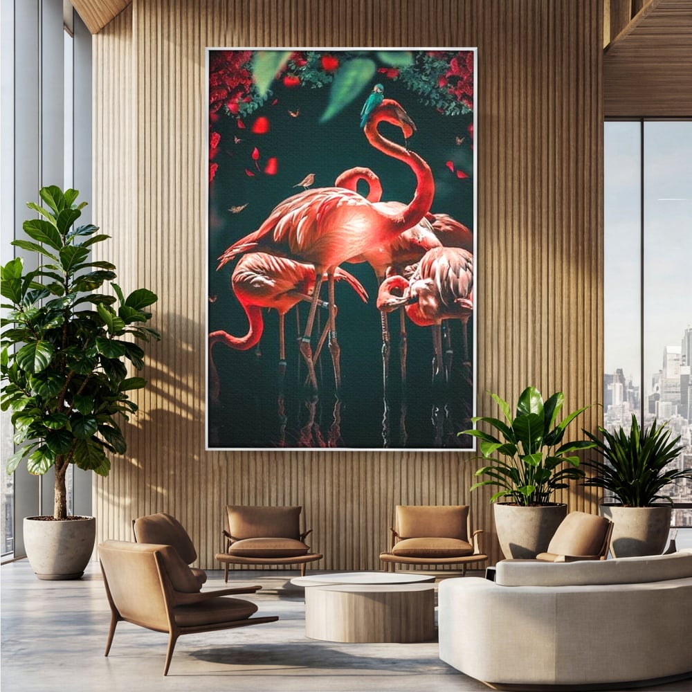 Tablou canvas cu tablou canvas cu flamingo roz, in rama de aluminiu argintiu, pe perete intr-un birou