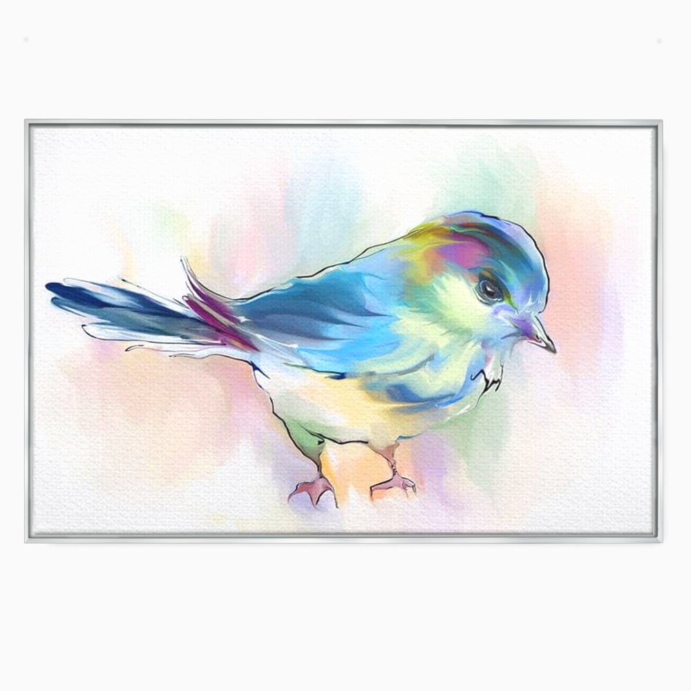 Tablou canvas cu tablou canvas cu pasare colorata in acuarela, in rama de aluminiu argintiu