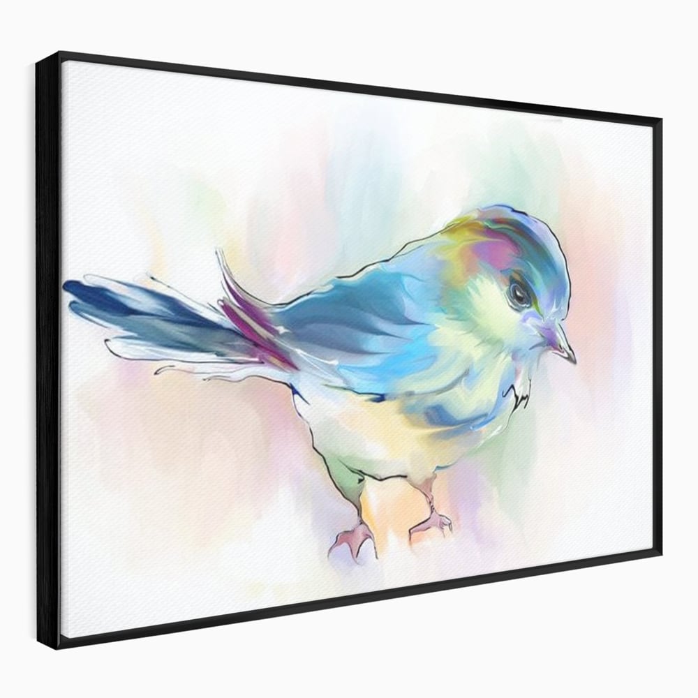 Tablou canvas cu tablou canvas cu pasare colorata in acuarela, in rama de aluminiu negru