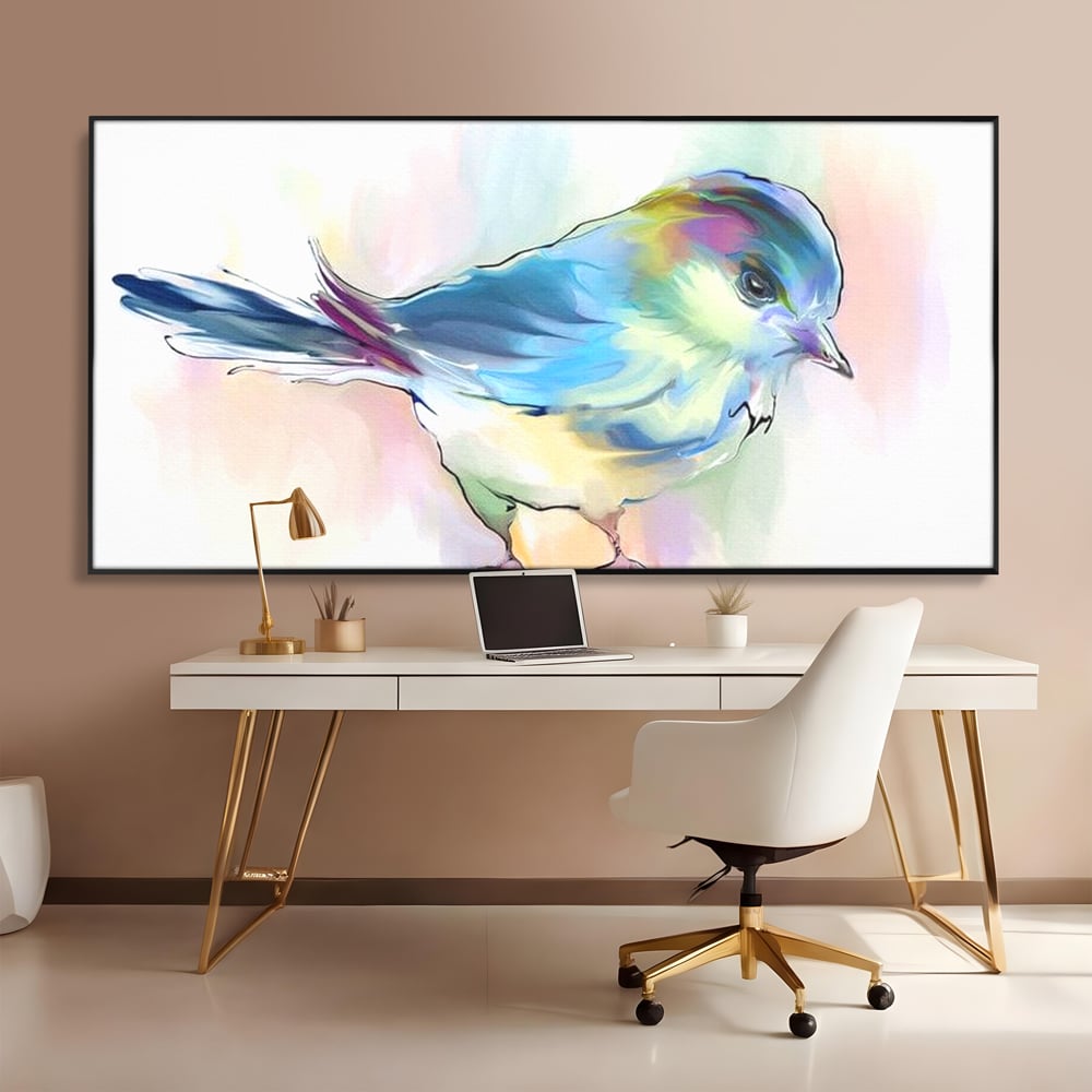 Tablou canvas cu tablou canvas cu pasare colorata in acuarela, in rama de aluminiu negru, pe perete intr-un birou