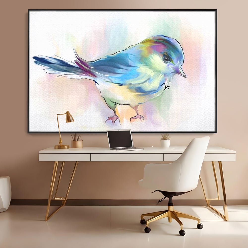 Tablou canvas cu tablou canvas cu pasare colorata in acuarela, in rama de aluminiu negru, pe perete intr-un birou