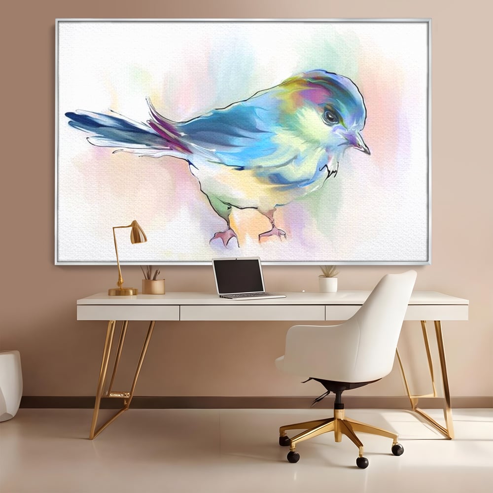 Tablou canvas cu tablou canvas cu pasare colorata in acuarela, in rama de aluminiu argintiu, pe perete intr-un birou