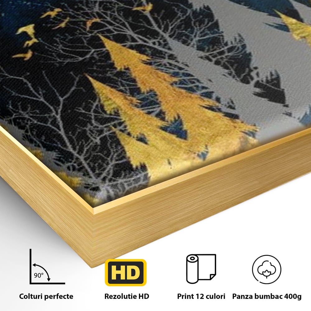 Detaliu al suprafetei: tablou canvas cu padure aurie noaptea, in rama de aluminiu auriu