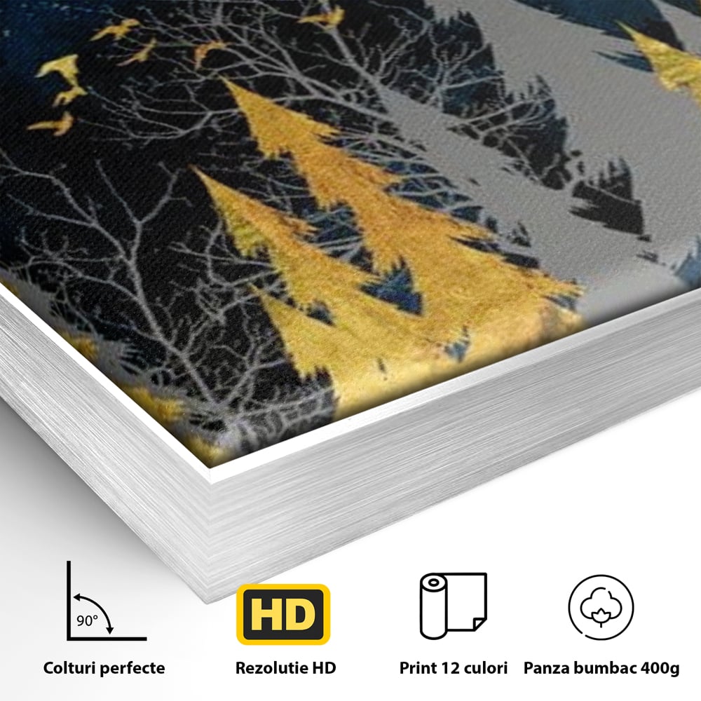 Detaliu al suprafetei: tablou canvas cu padure aurie noaptea, in rama de aluminiu argintiu