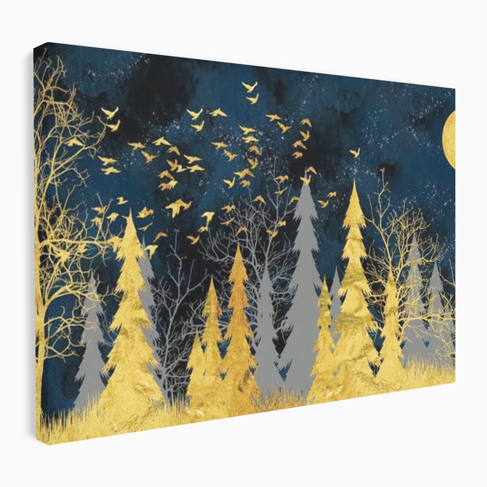Tablou canvas cu tablou canvas cu padure aurie noaptea, fara rama, pe sasiu de lemn