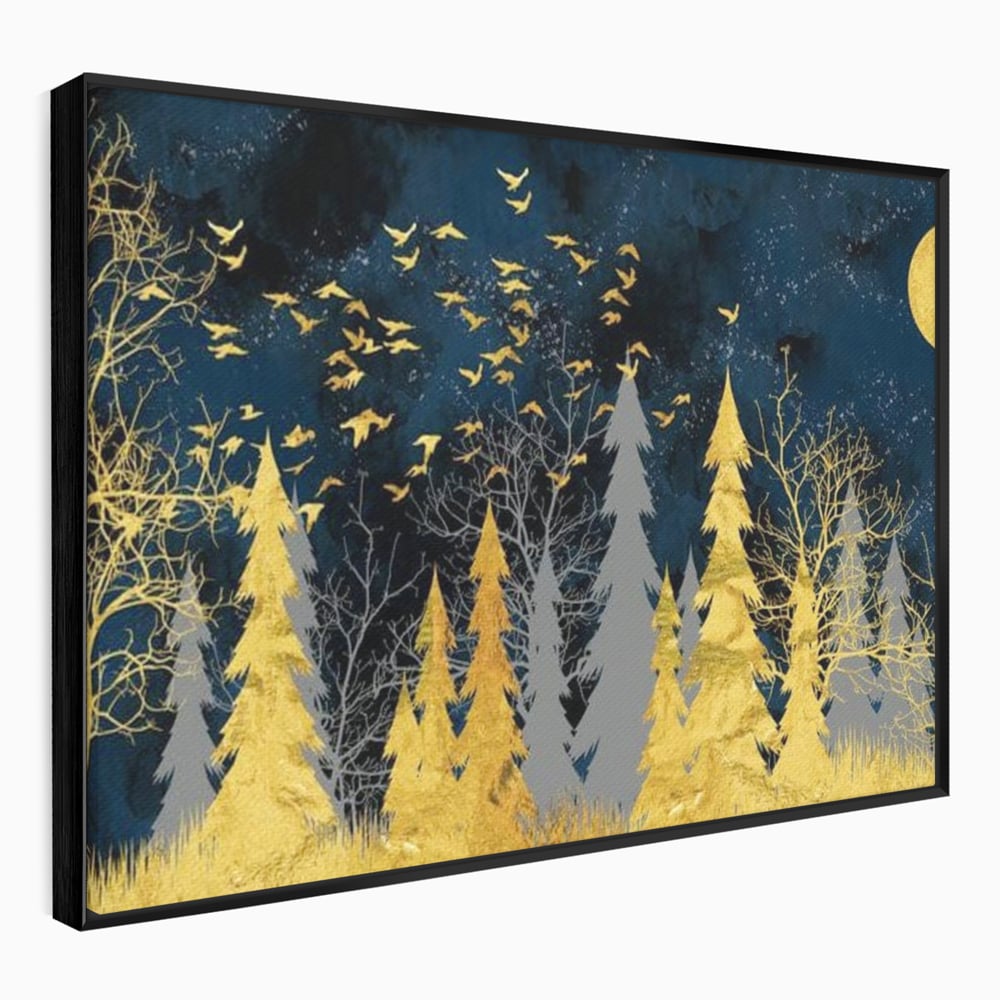 Tablou canvas cu tablou canvas cu padure aurie noaptea, in rama de aluminiu negru