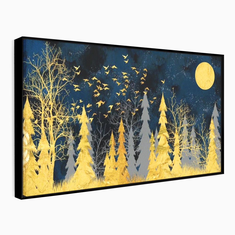 Tablou canvas cu tablou canvas cu padure aurie noaptea, in rama de aluminiu negru