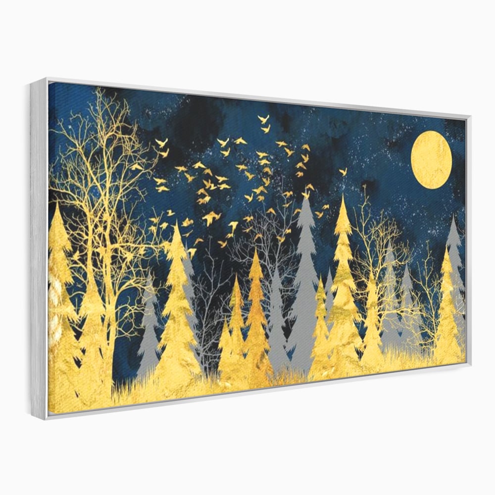 Tablou canvas cu tablou canvas cu padure aurie noaptea, in rama de aluminiu argintiu