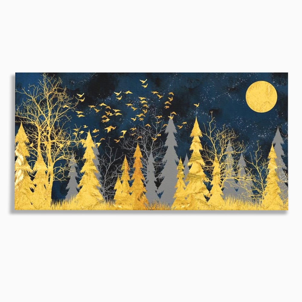 Tablou canvas cu tablou canvas cu padure aurie noaptea, fara rama, pe sasiu de lemn