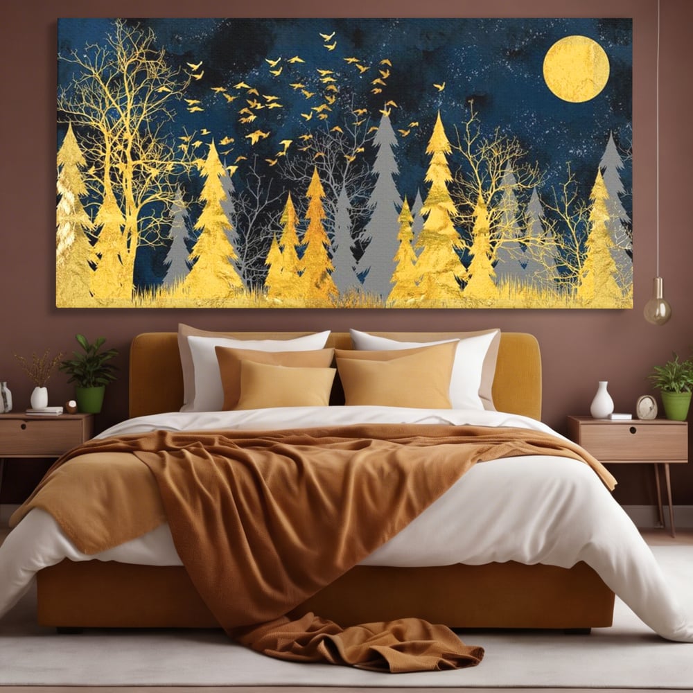 Tablou canvas cu tablou canvas cu padure aurie noaptea, fara rama, pe sasiu de lemn, pe perete intr-un dormitor