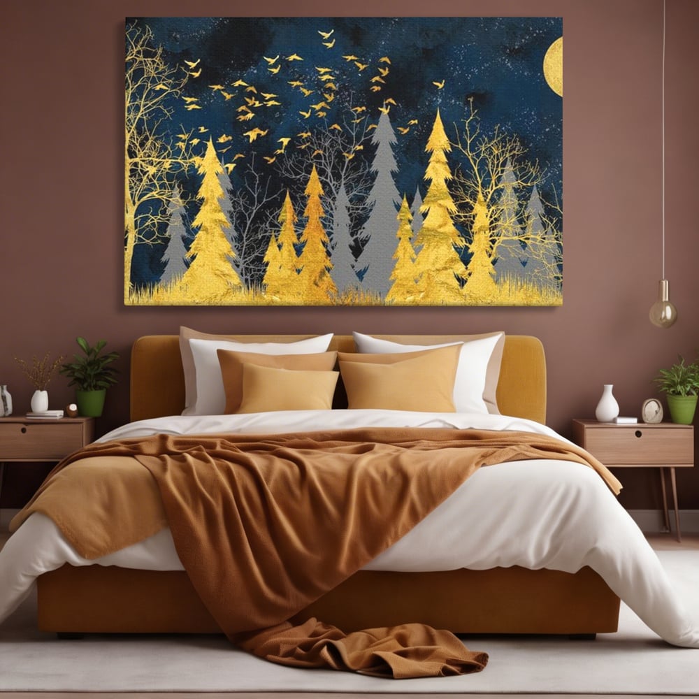 Tablou canvas cu tablou canvas cu padure aurie noaptea, fara rama, pe sasiu de lemn, pe perete intr-un dormitor