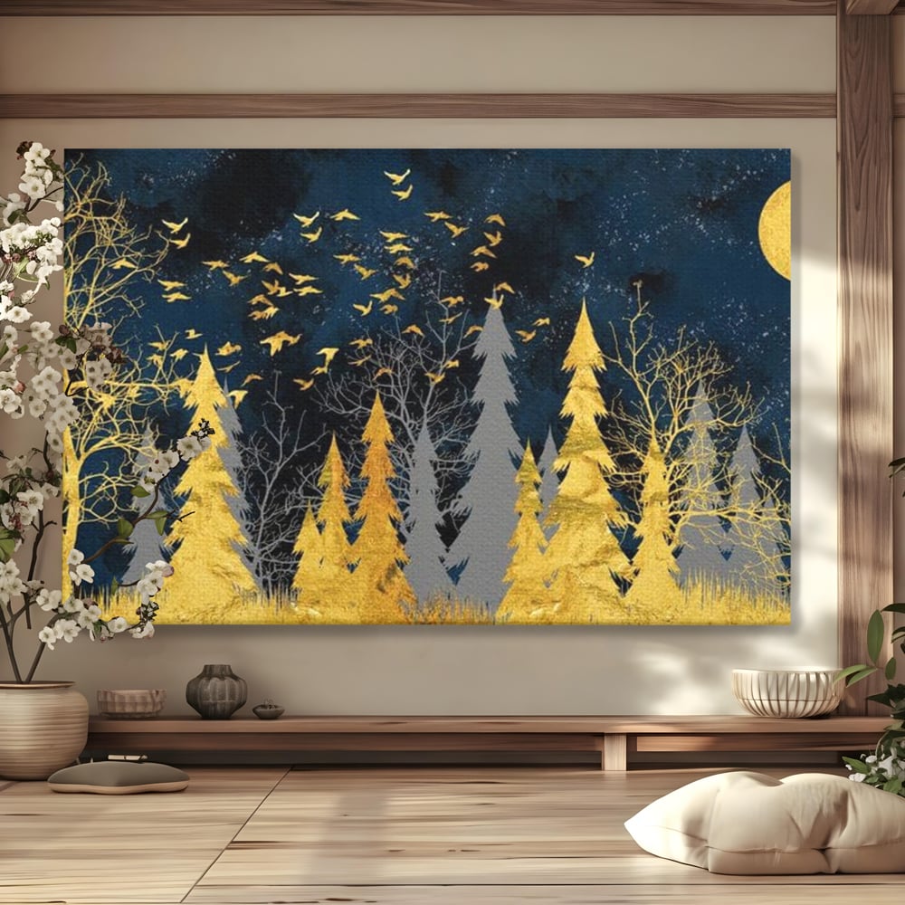 Tablou canvas cu tablou canvas cu padure aurie noaptea, fara rama, pe sasiu de lemn