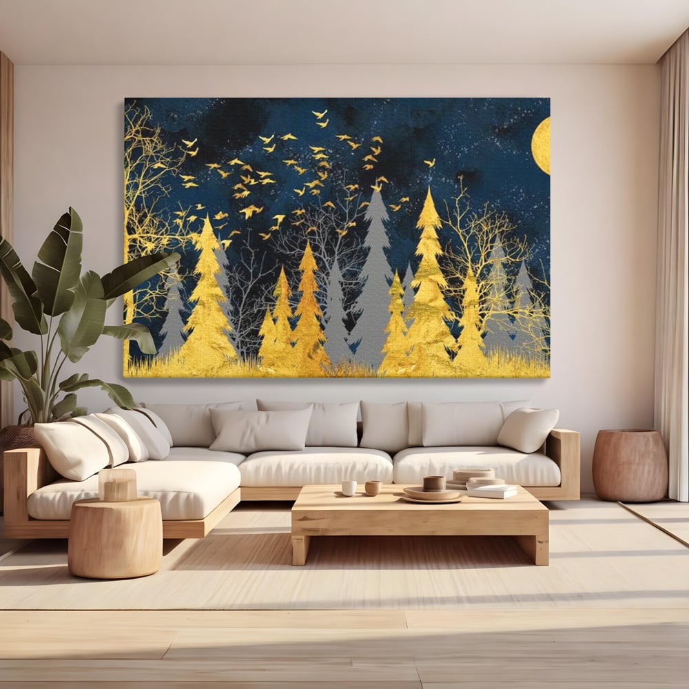 Tablou canvas cu tablou canvas cu padure aurie noaptea, fara rama, pe sasiu de lemn, pe perete intr-un living