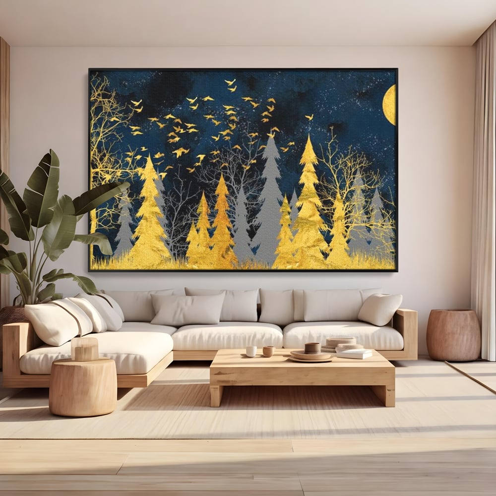 Tablou canvas cu tablou canvas cu padure aurie noaptea, in rama de aluminiu negru, pe perete intr-un living