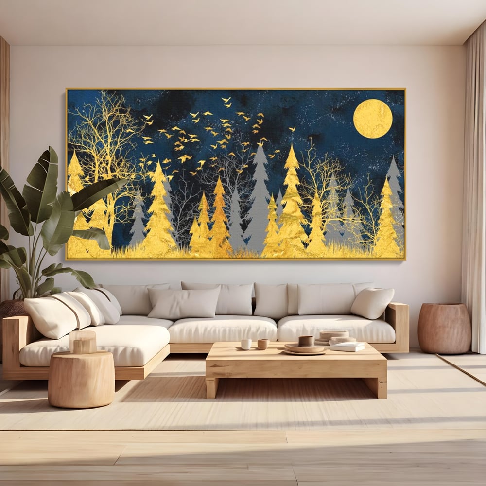 Tablou canvas cu tablou canvas cu padure aurie noaptea, in rama de aluminiu auriu, pe perete intr-un living