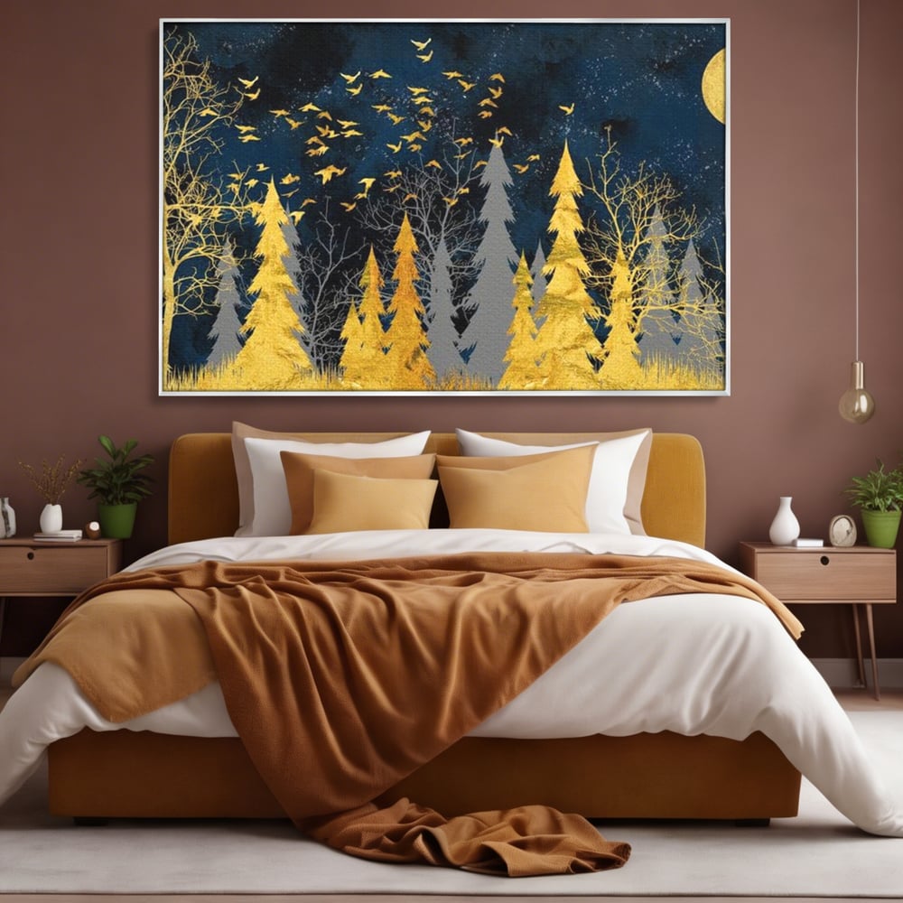 Tablou canvas cu tablou canvas cu padure aurie noaptea, in rama de aluminiu argintiu, pe perete intr-un dormitor