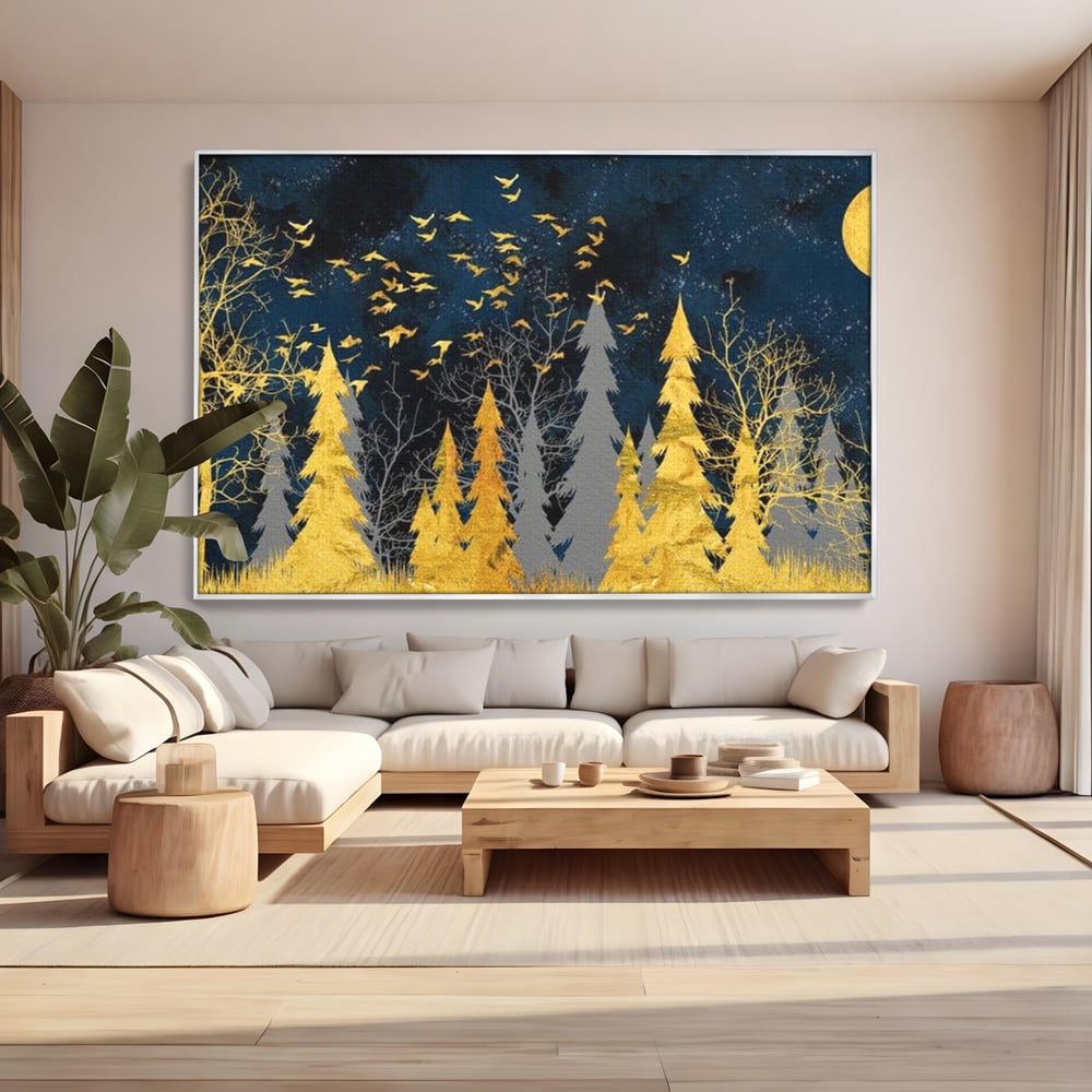 Tablou canvas cu tablou canvas cu padure aurie noaptea, in rama de aluminiu argintiu, pe perete intr-un living