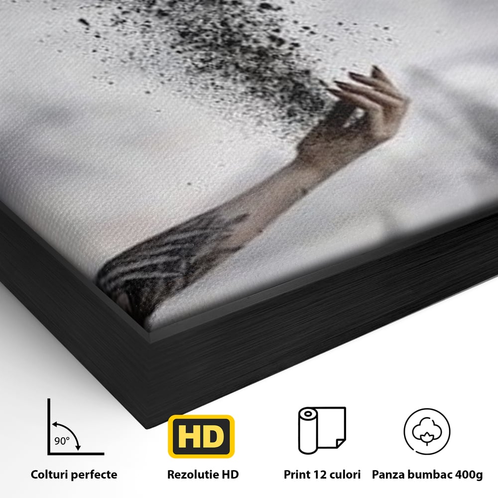 Detaliu al suprafetei: tablou canvas cu pasare si mana din cenusa, in rama de aluminiu negru