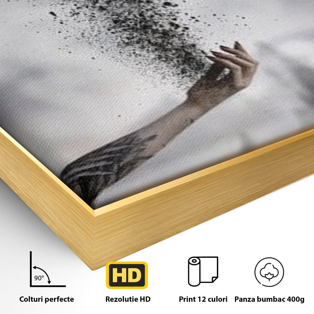 Detaliu al suprafetei: tablou canvas cu pasare si mana din cenusa, in rama de aluminiu auriu
