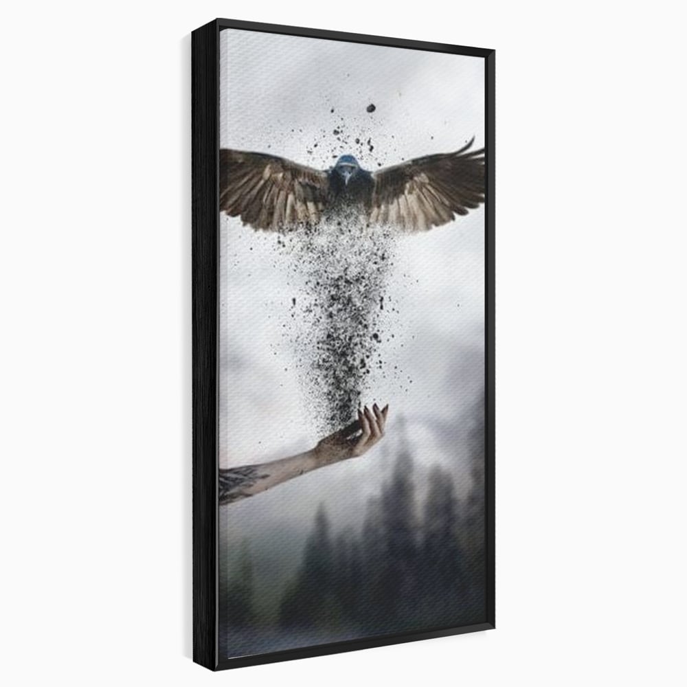 Tablou canvas cu tablou canvas cu pasare si mana din cenusa, in rama de aluminiu negru