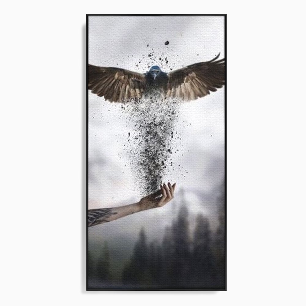 Tablou canvas cu tablou canvas cu pasare si mana din cenusa, in rama de aluminiu negru