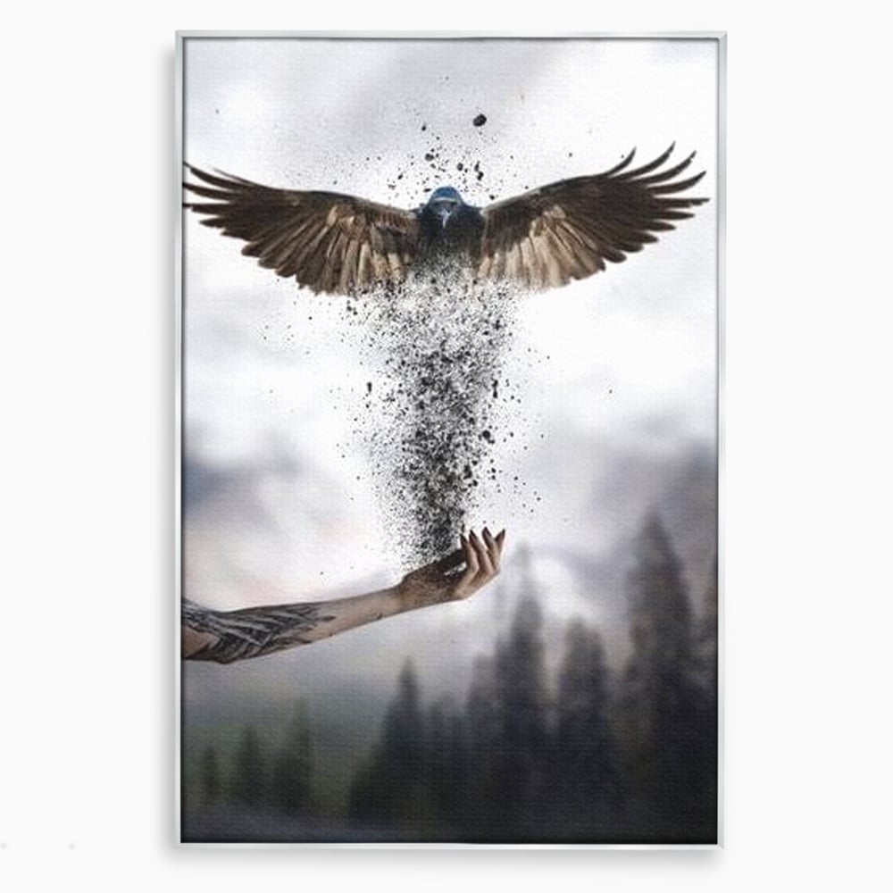 Tablou canvas cu tablou canvas cu pasare si mana din cenusa, in rama de aluminiu argintiu