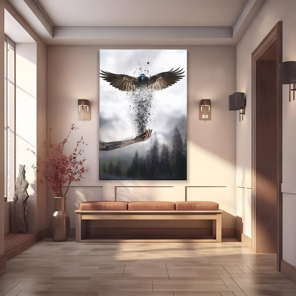 Tablou canvas cu tablou canvas cu pasare si mana din cenusa, fara rama, pe sasiu de lemn