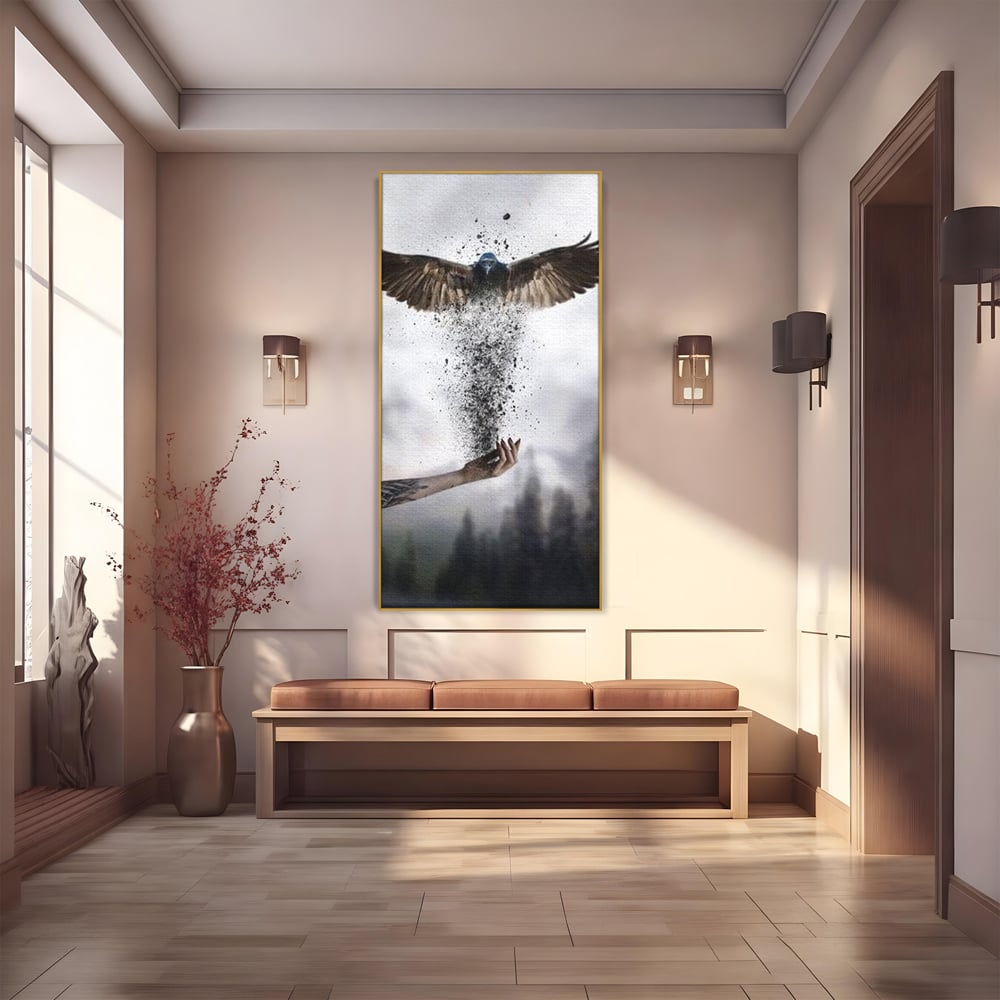 Tablou canvas cu tablou canvas cu pasare si mana din cenusa, in rama de aluminiu auriu
