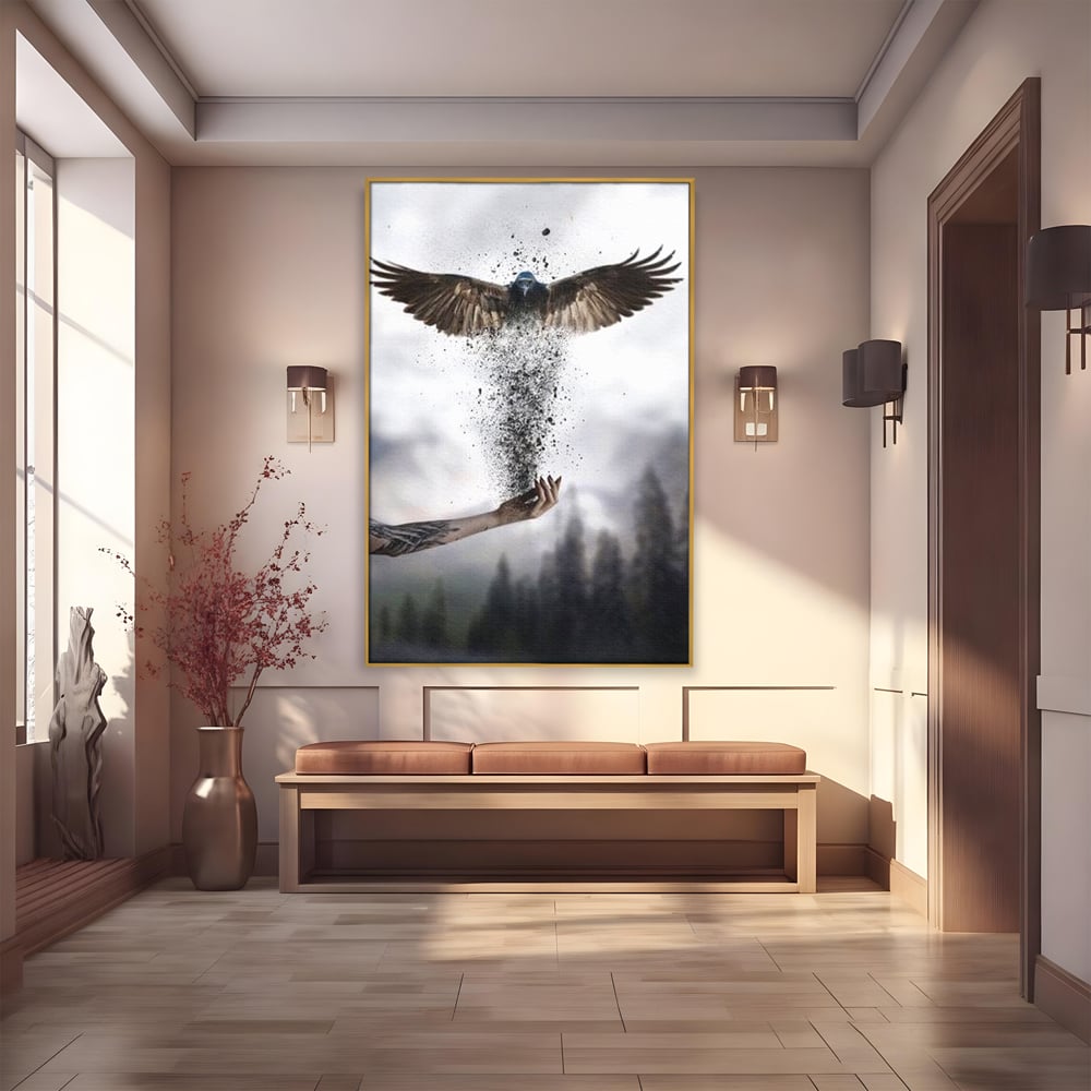Tablou canvas cu tablou canvas cu pasare si mana din cenusa, in rama de aluminiu auriu