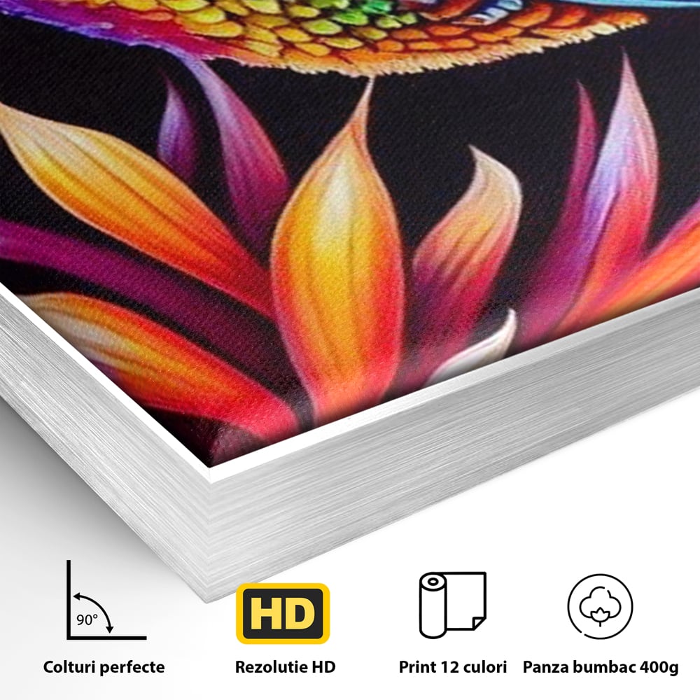 Detaliu al suprafetei: tablou canvas cu colibri multicolor, in rama de aluminiu argintiu