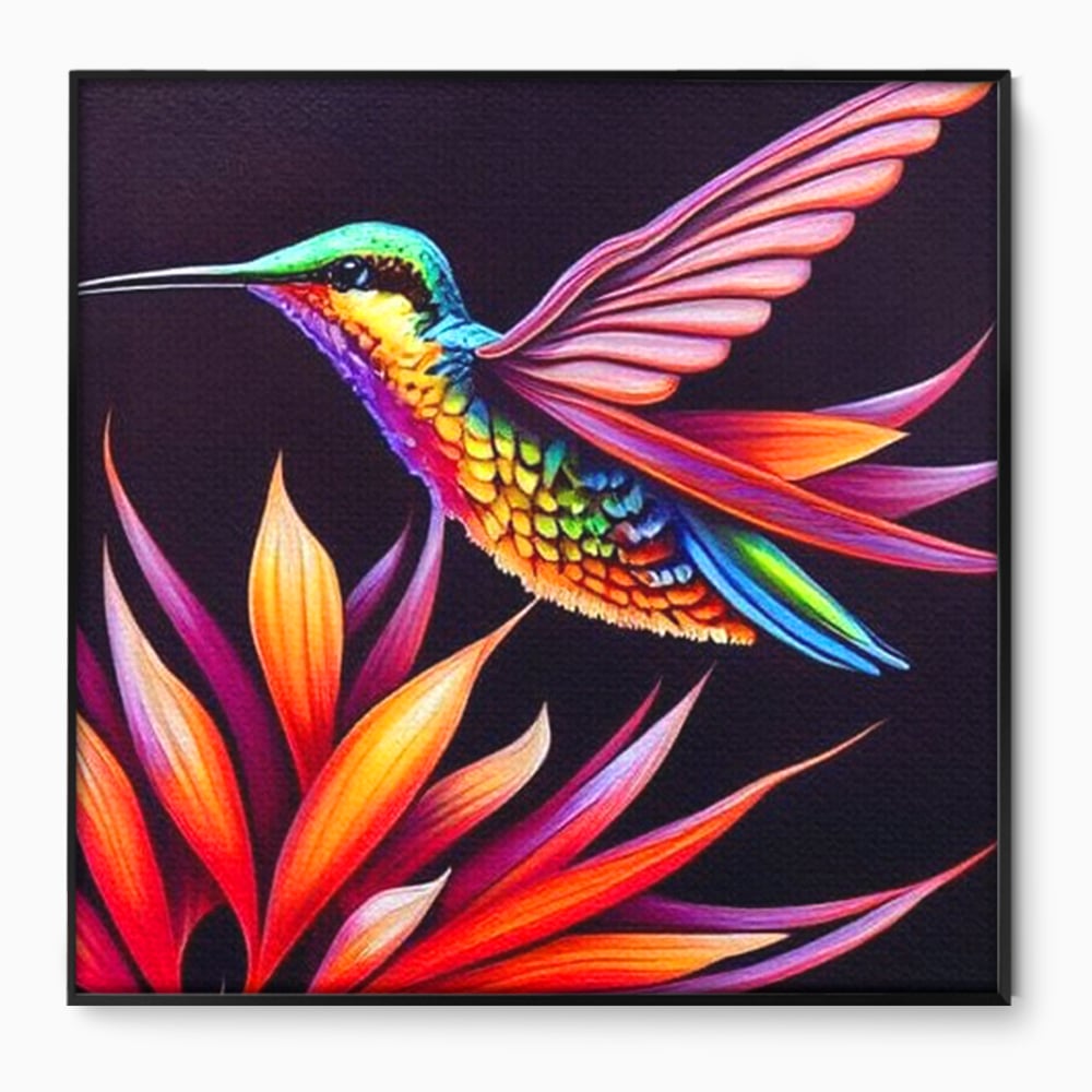 Tablou canvas cu tablou canvas cu colibri multicolor, in rama de aluminiu negru