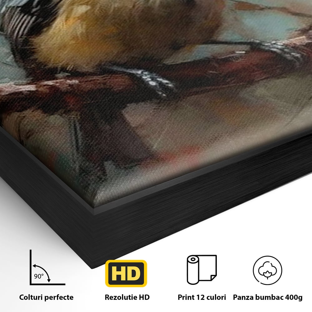 Detaliu al suprafetei: tablou canvas cu pitigoi pe creanga, in rama de aluminiu negru