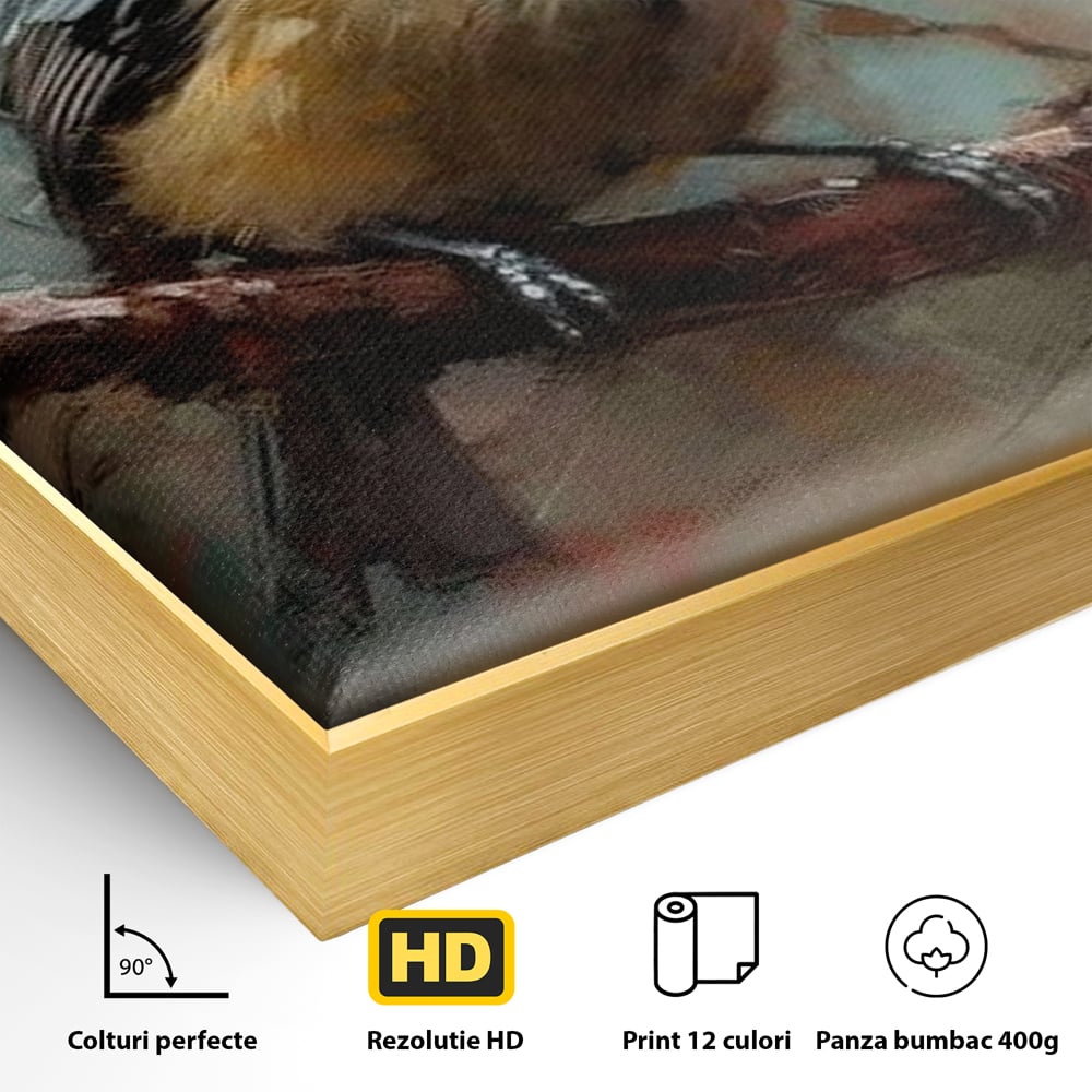 Detaliu al suprafetei: tablou canvas cu pitigoi pe creanga, in rama de aluminiu auriu