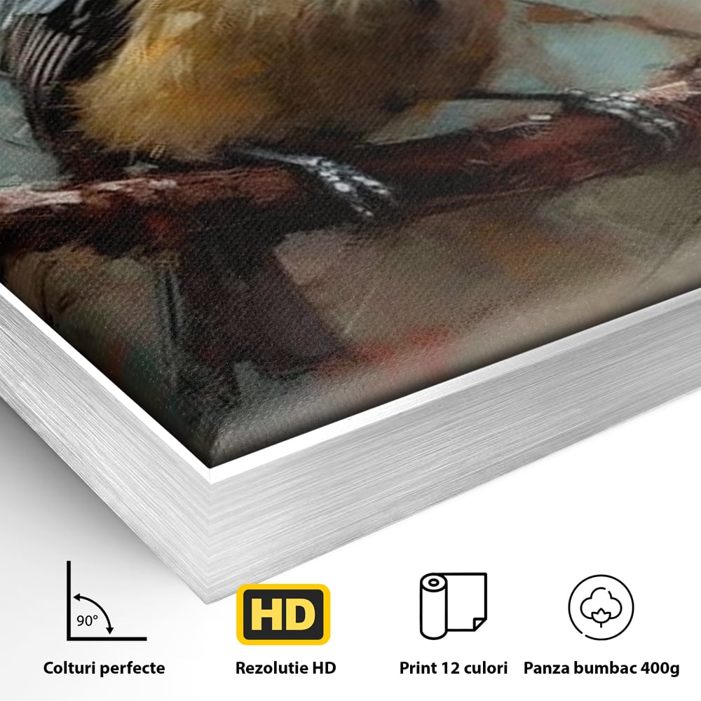 Detaliu al suprafetei: tablou canvas cu pitigoi pe creanga, in rama de aluminiu argintiu