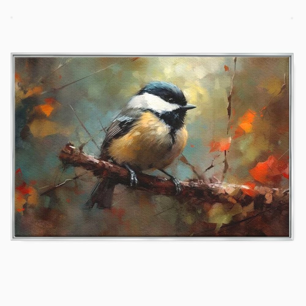 Tablou canvas cu tablou canvas cu pitigoi pe creanga, in rama de aluminiu argintiu
