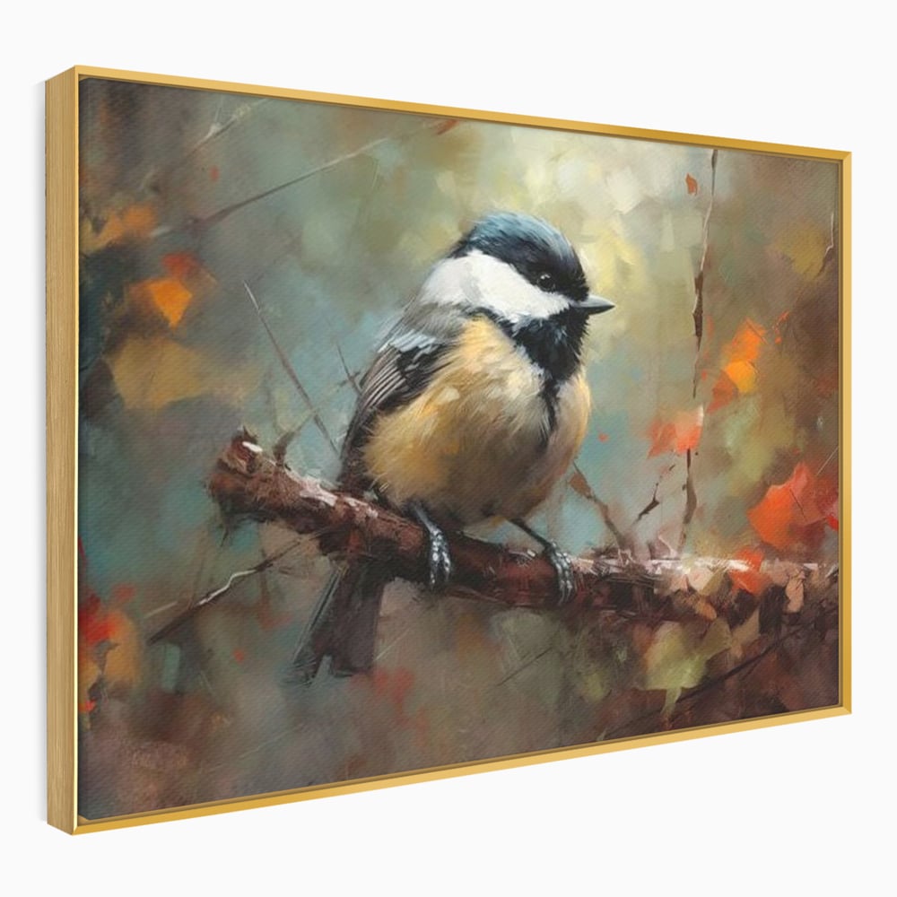 Tablou canvas cu tablou canvas cu pitigoi pe creanga, in rama de aluminiu auriu